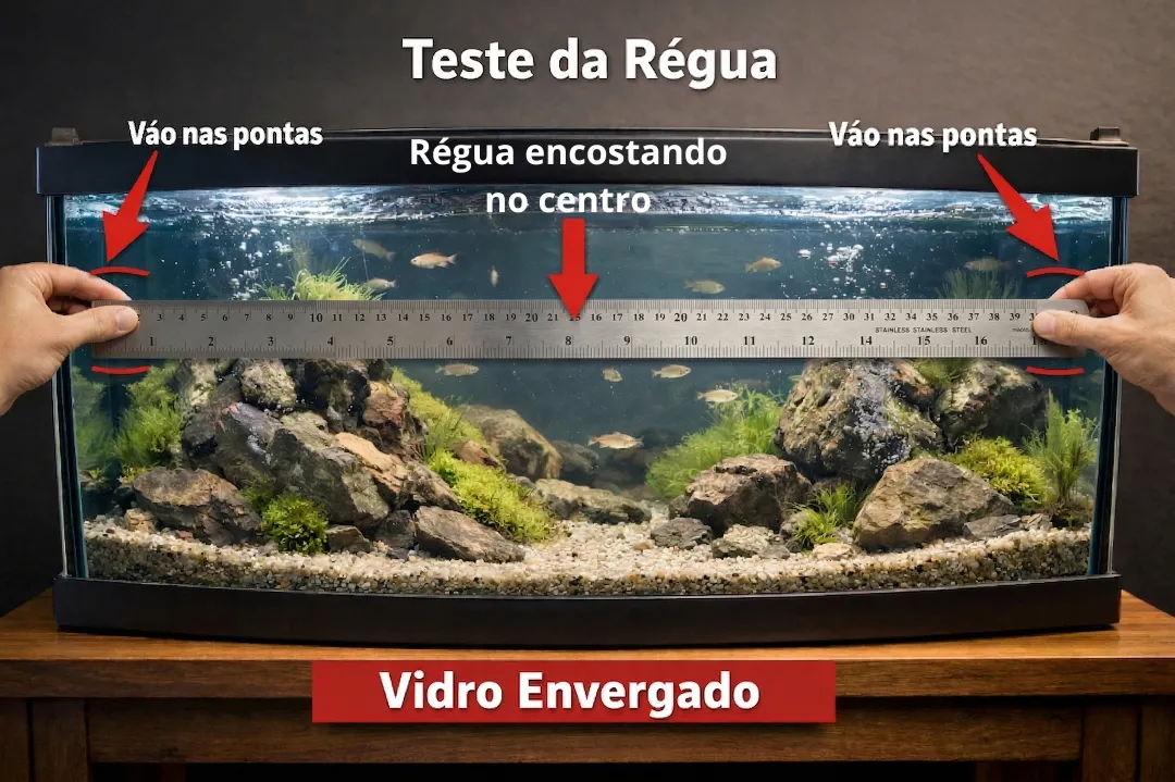 Pessoa medindo o vidro do aquário com uma régua